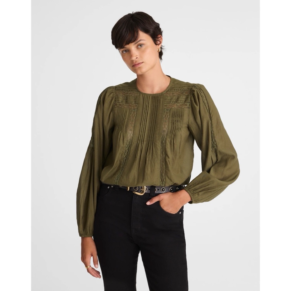 Madewell Lace-Insert Pintucked Long-Sleeve Top XS